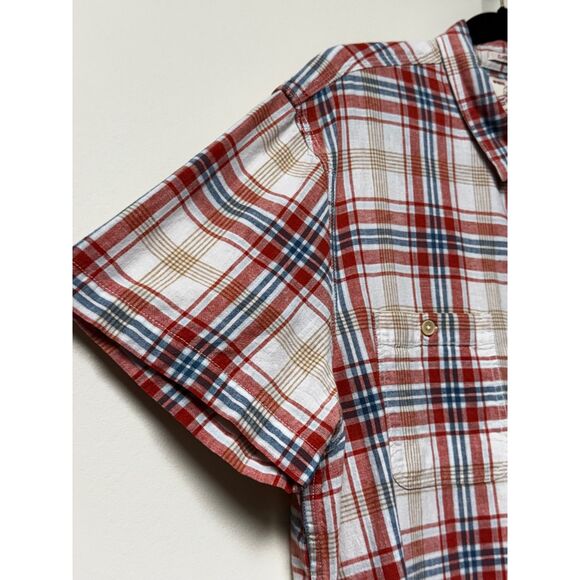 LUCKY BRAND Orange/Blue Plaid Button Up Short Sleeve Shirt, Sz XL - Picture 2 of 9